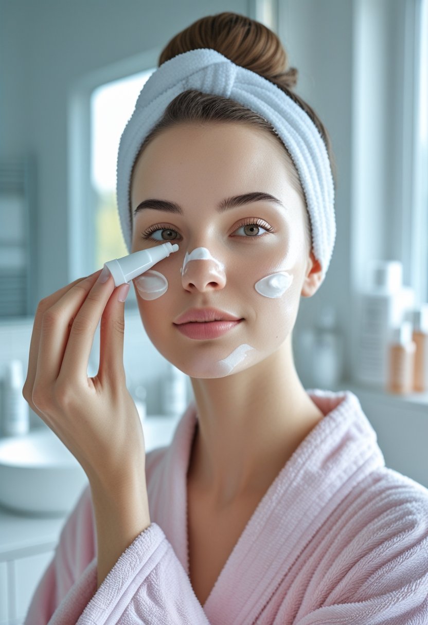 A young woman applying skincare product to her nose in a bright bathroom to remove blackheads.